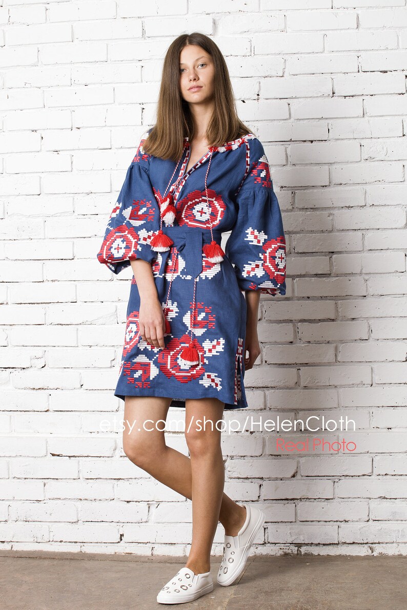 Ukrainian Vyshyvanka Dress Blue Embroidered dress Linen Dress With Geometric Flowers Pattern. Free Shipping image 9