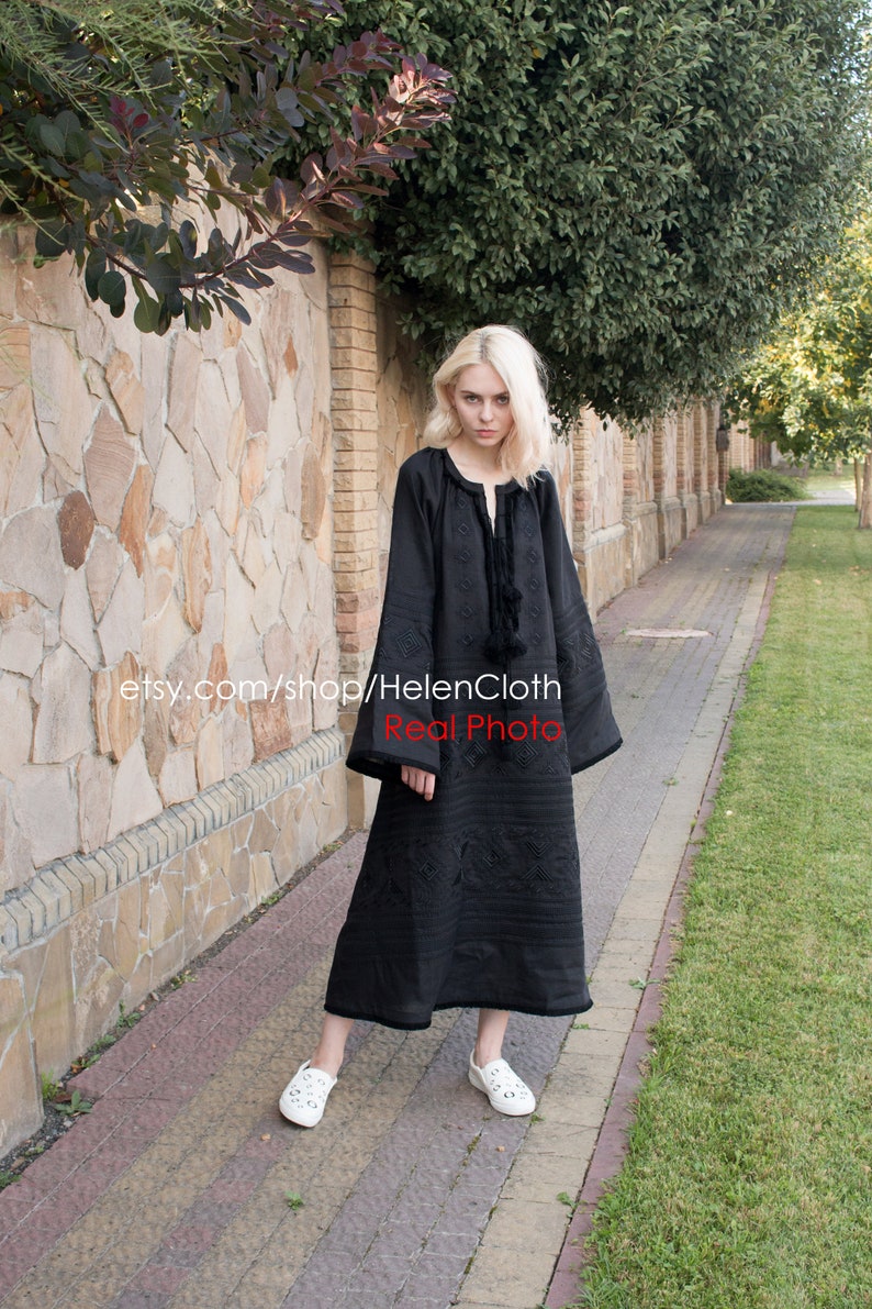 Natural Black Linen Dress Loose Linen Dress Embroidered Dress Handmade Linen Dress Linen Casual Linen Dress Handmade Linen Dress Embroidered image 2
