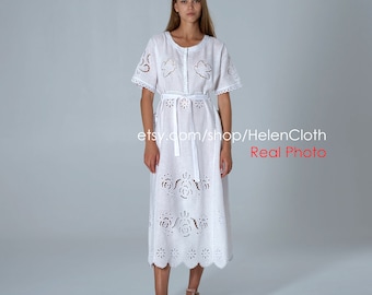 White broidery anglaise Embroidered Bohemian Kaftan, Linen Abaya, Ukrainian Vyshyvanka