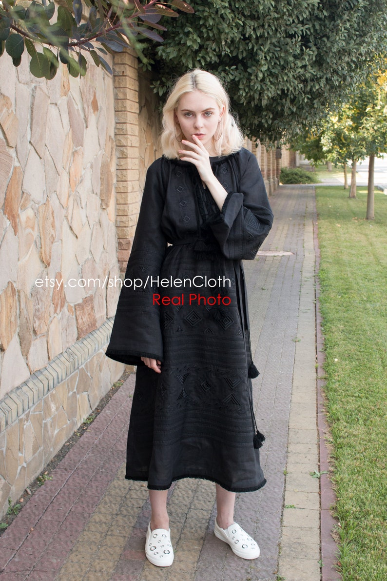 Natural Black Linen Dress Loose Linen Dress Embroidered Dress Handmade Linen Dress Linen Casual Linen Dress Handmade Linen Dress Embroidered image 7