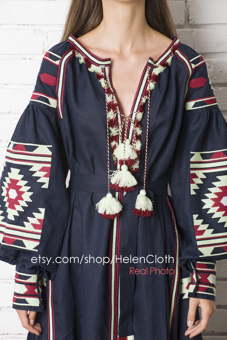 Vyshyvanka ukrainian embroidered maxi mexican bohemian linen dress, Blue Navy Embroidery Kaftan Abaya Ukrainian Style Bohemian rty image 8
