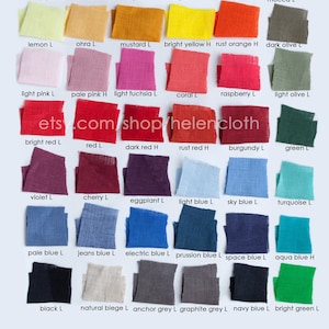 May include: Color chart for HelenCloth shop showing fabric swatches in various colors, including white, ivory, lemon, mustard, light pink, red, violet, blue, green, black, and grey. The fabric swatches are labeled with the color name and whether they are lightweight linen (L) or heavyweight linen (H).