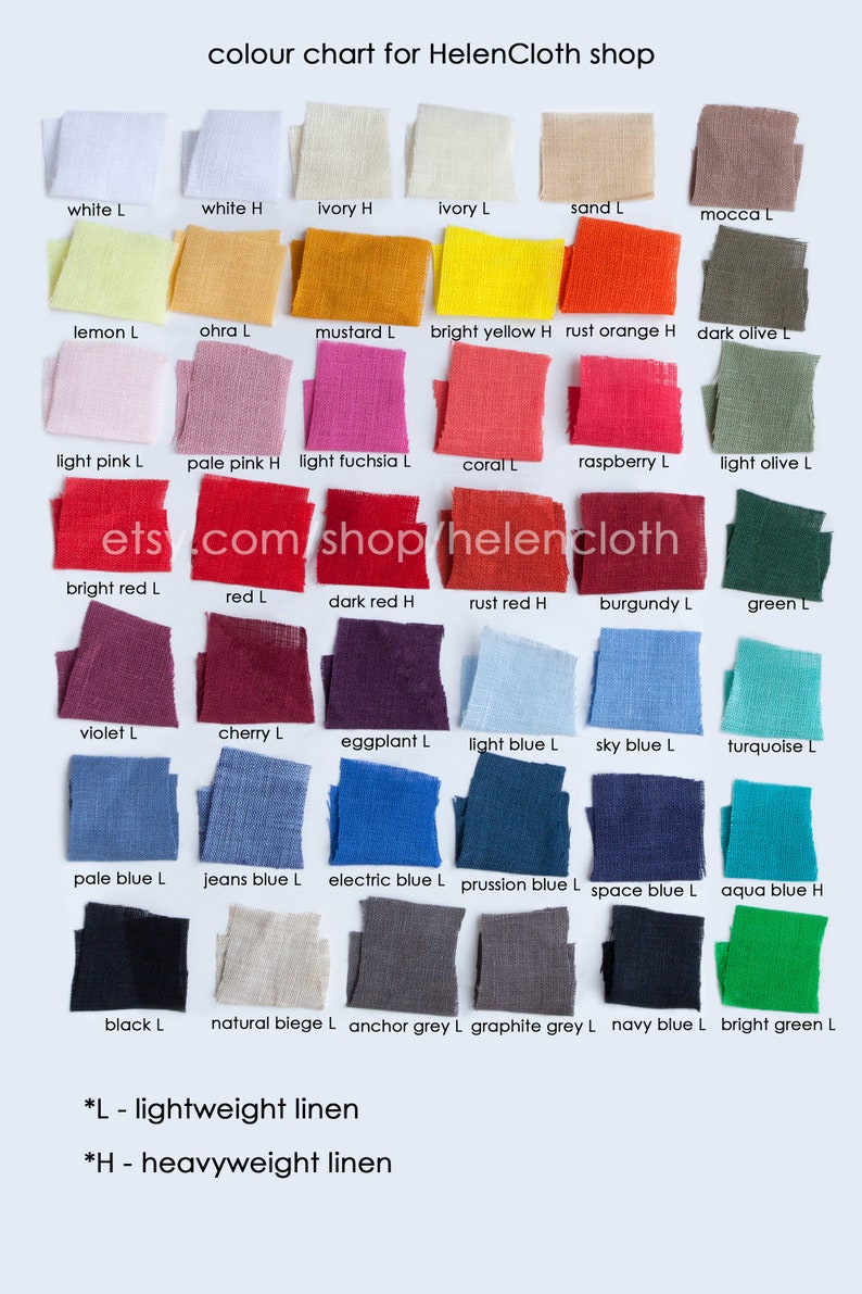 May include: Color chart for HelenCloth shop showing fabric swatches in various colors, including white, ivory, lemon, mustard, light pink, red, violet, blue, green, black, and grey. The fabric swatches are labeled with the color name and whether they are lightweight linen (L) or heavyweight linen (H).