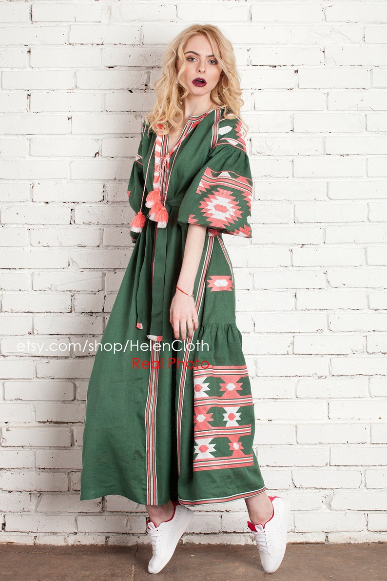 Vyshyvanka Green Linen Embroidered Dress Ukraine Mexican | Etsy