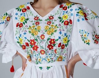 Ukrainian embroidered dress vyshyvanka, traditional white floral embroidered dress