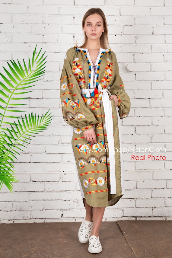 New Women floral boho dress embroidery Bohemian linen dress Magnolia Mexican dress Olive long Flowers embroidery Vyshyvanka maxi