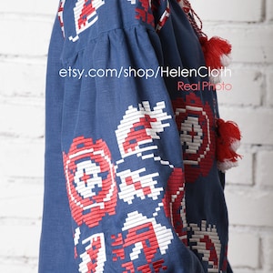 Ukrainian Vyshyvanka Dress Blue Embroidered dress Linen Dress With Geometric Flowers Pattern. Free Shipping image 8