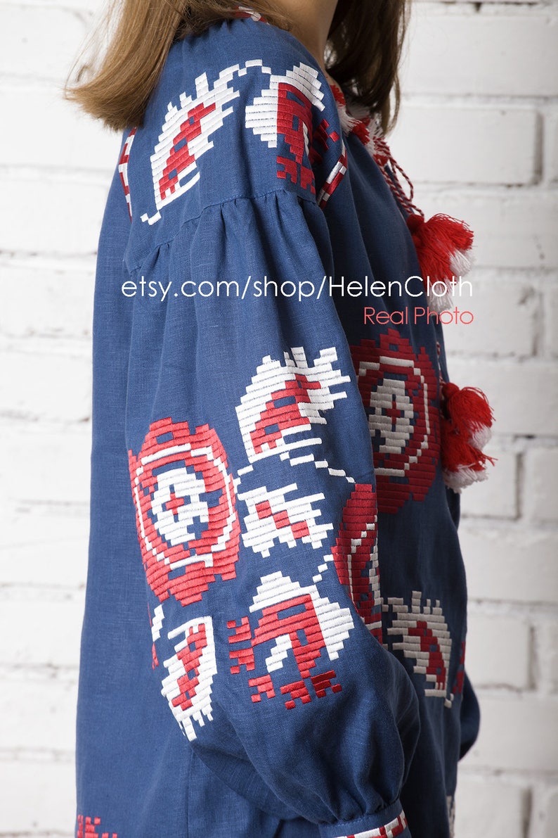 Ukrainian Vyshyvanka Dress Blue Embroidered dress Linen Dress With Geometric Flowers Pattern. Free Shipping image 8