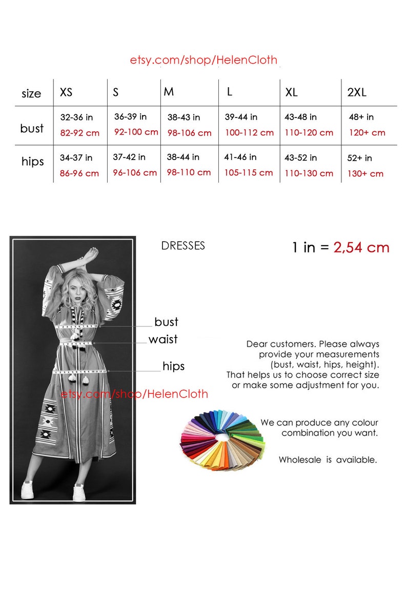 May include: Size chart for dresses with measurements in inches and centimeters. The chart includes sizes XS, S, M, L, XL, and 2XL. The measurements are for bust, hips, and waist. The chart also includes the text "1 in = 2.54 cm".
