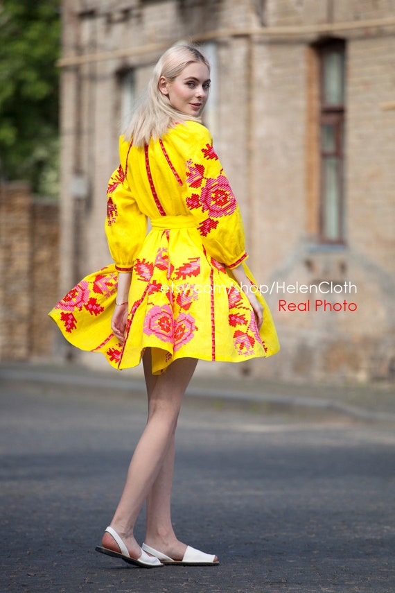 yellow embroidered dress