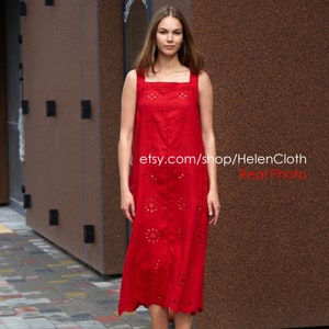 Sleeveless red linen cut out embroidered dress, sarafan, vyshyvanka