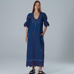 Scalloped broderie anglaise linen midi dress, embroidered linen Ukraine traditional vyshyvanka dress tunic