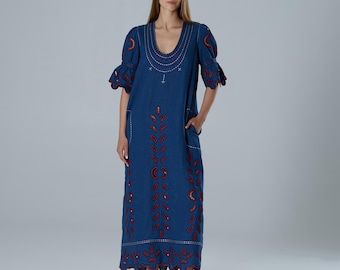 Scalloped broderie anglaise linen midi dress, embroidered linen Ukraine traditional vyshyvanka dress tunic
