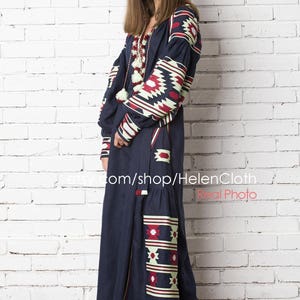 Vyshyvanka ukrainian embroidered maxi mexican bohemian linen dress, Blue Navy Embroidery Kaftan Abaya Ukrainian Style Bohemian rty image 3