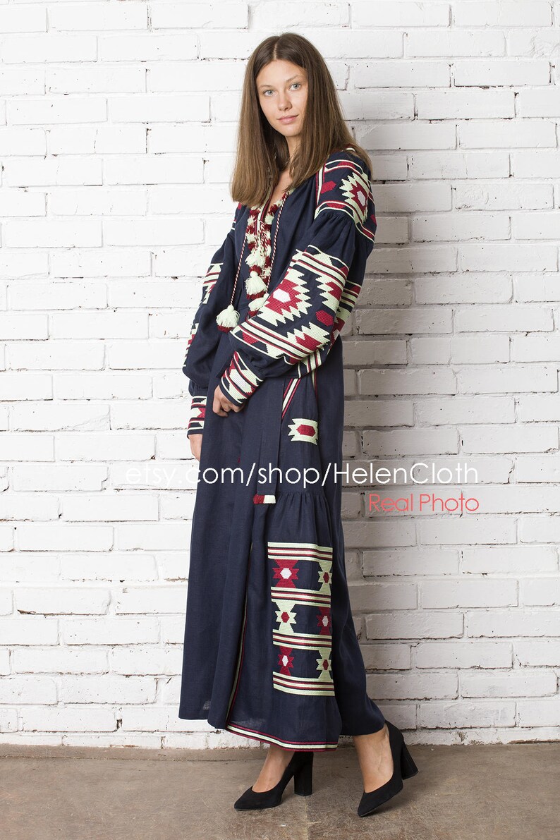 Vyshyvanka ukrainian embroidered maxi mexican bohemian linen dress, Blue Navy Embroidery Kaftan Abaya Ukrainian Style Bohemian rty image 3