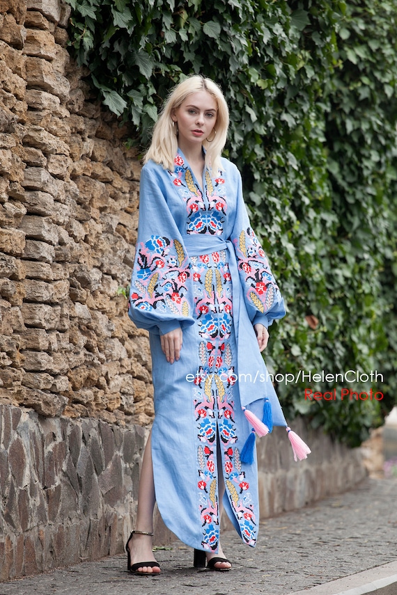 chinese dress ladies Blue Floral Embroidered Maxi Dress - All Dresses