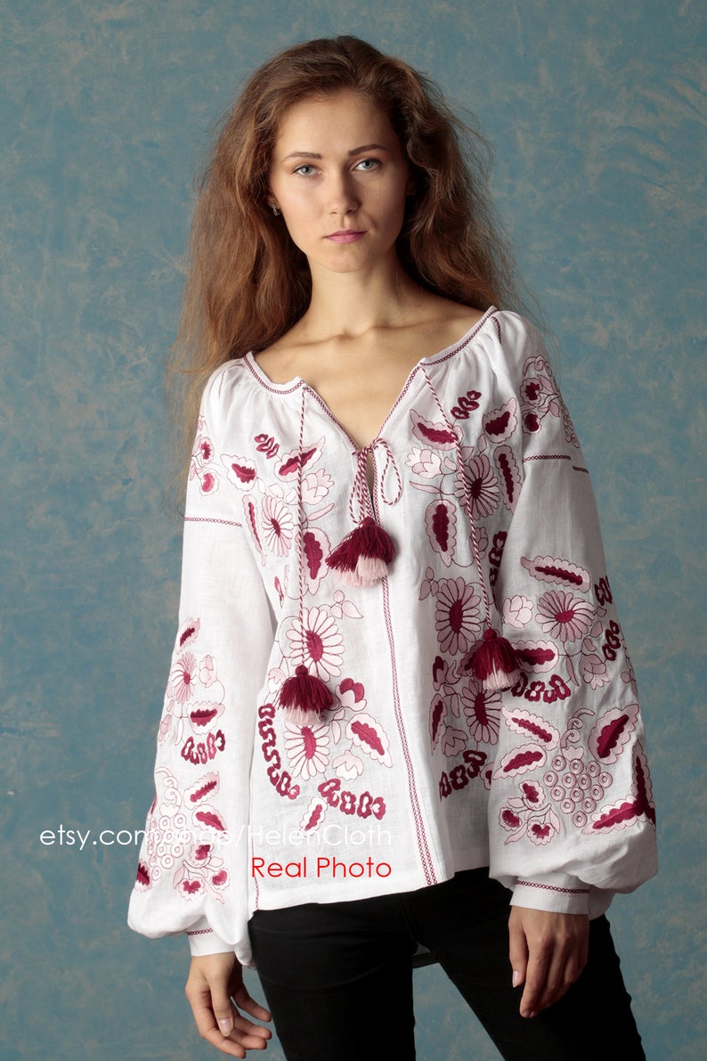 Embroidered Top, Linen Mexican White Blouse, White linen blouse, Ukrainian Vyshyvanka, Bohemian Blouse Folk Top Kilim Caftan Linen Shirt image 3