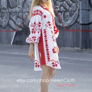 White Linen Embroidered Dress Vyshyvanka, Ukrainian Dress, Mexican Embroide Kaftan Abaya Caftan, Wedding boho wear image 8