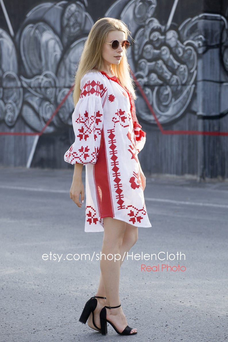 White Linen Embroidered Dress Vyshyvanka, Ukrainian Dress, Mexican Embroide Kaftan Abaya Caftan, Wedding boho wear image 8