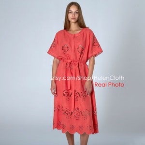 Salmon red broidery anglaise Embroidered Bohemian Kaftan, Linen Abaya, Ukrainian Vyshyvanka