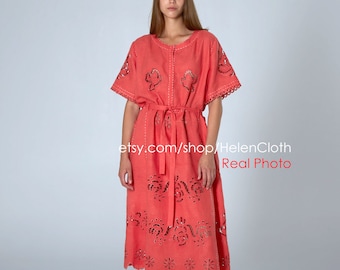Salmon red broidery anglaise Embroidered Bohemian Kaftan, Linen Abaya, Ukrainian Vyshyvanka