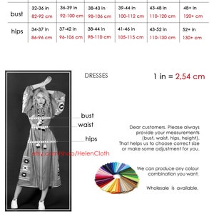 May include: Size chart for dresses with measurements in inches and centimeters. The chart includes sizes XS, S, M, L, XL, and 2XL. The measurements are for bust, hips, and waist. The chart also includes the text "1 in = 2.54 cm".