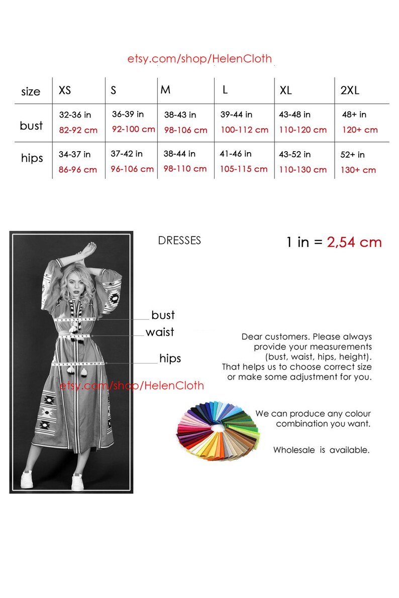May include: Size chart for dresses with measurements in inches and centimeters. The chart includes sizes XS, S, M, L, XL, and 2XL. The measurements are for bust, hips, and waist. The chart also includes the text "1 in = 2.54 cm".