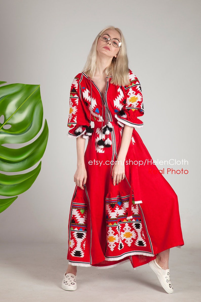 Embroidered Boho Dress Linen Embroidered Maxi Vyshyvanka Etsy