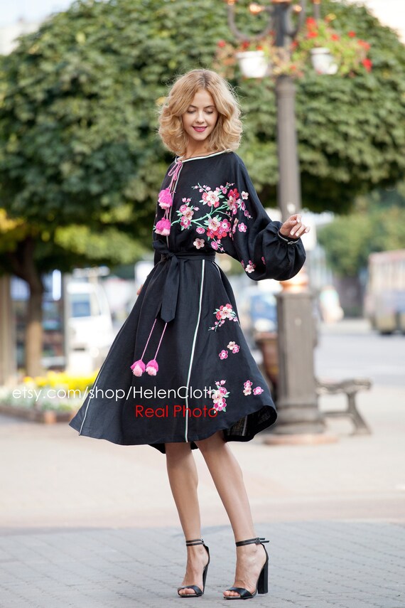 Oversize Bat Sleeves Black Bohemian Sakura Embroidery Dress, Ukrainian  Vyshyvanka Party Dress With Floral Embroidery Kaftan - Etsy UK