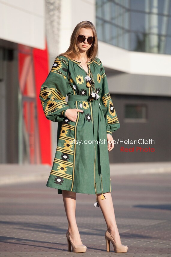 Green Vyshyvanka Mid calf Dress Linen Embroidered Ukrainian Dress in Boho Style Mexican Dress Casual Style everyday tunic