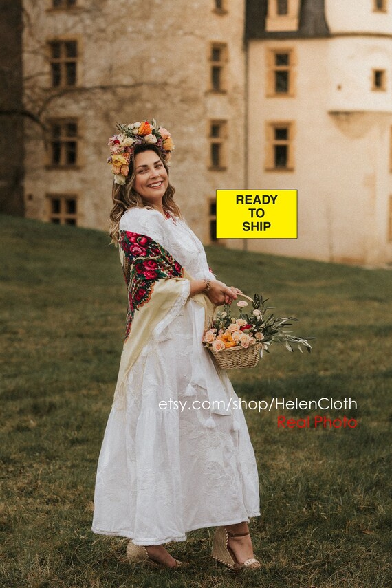Sale Ukrainian White Linen Wedding Dress Floral Embroidery Etsy