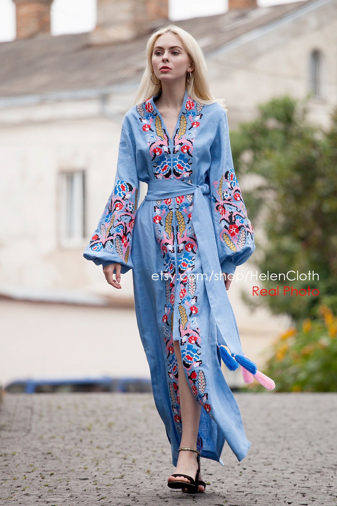 Light Blue Embroidered Kaftan Linen Maxi Dress Dubai Caftan - Etsy