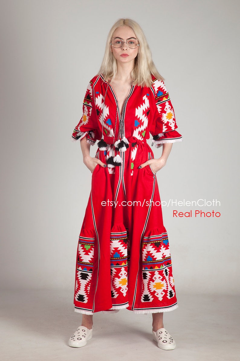 Embroidered Boho Dress Linen Embroidered Maxi Vyshyvanka Etsy