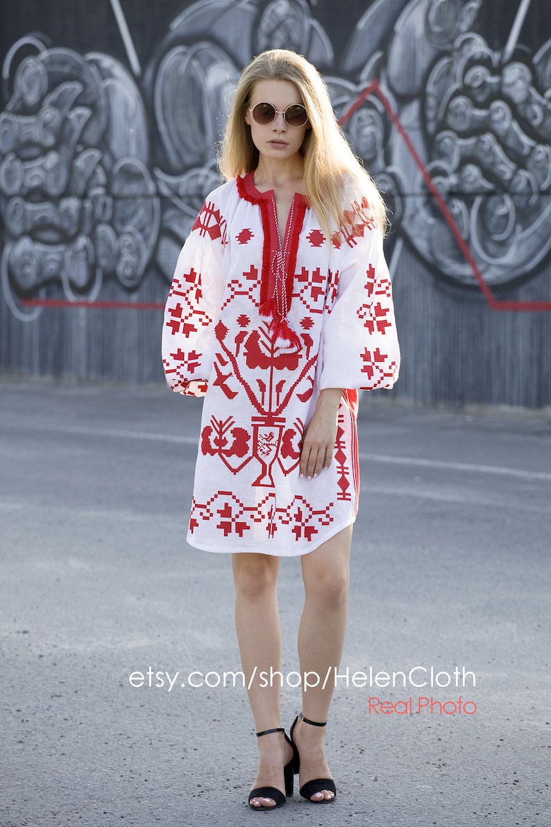 White Linen Embroidered Dress Vyshyvanka Ukrainian Dress Etsy