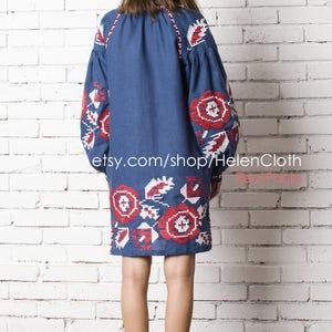 Ukrainian Vyshyvanka Dress Blue Embroidered dress Linen Dress With Geometric Flowers Pattern. Free Shipping image 6