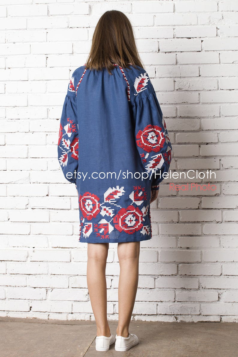 Ukrainian Vyshyvanka Dress Blue Embroidered dress Linen Dress With Geometric Flowers Pattern. Free Shipping image 6