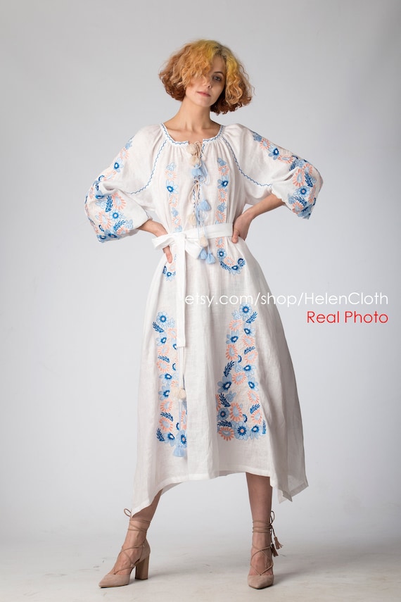 White Bohemian Floral Embroidered Linen Dress for Women - Etsy