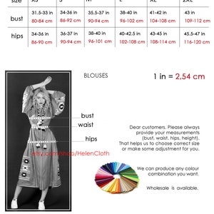 May include: Size chart for blouses with measurements in inches and centimeters. The chart includes sizes XS, S, M, L, XL, and 2XL. The measurements are for bust and hips. The chart also includes the text "1 in = 2.54 cm".