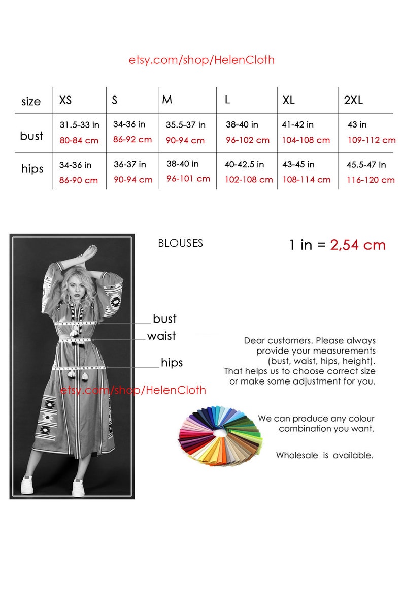 May include: Size chart for blouses with measurements in inches and centimeters. The chart includes sizes XS, S, M, L, XL, and 2XL. The measurements are for bust and hips. The chart also includes the text "1 in = 2.54 cm".