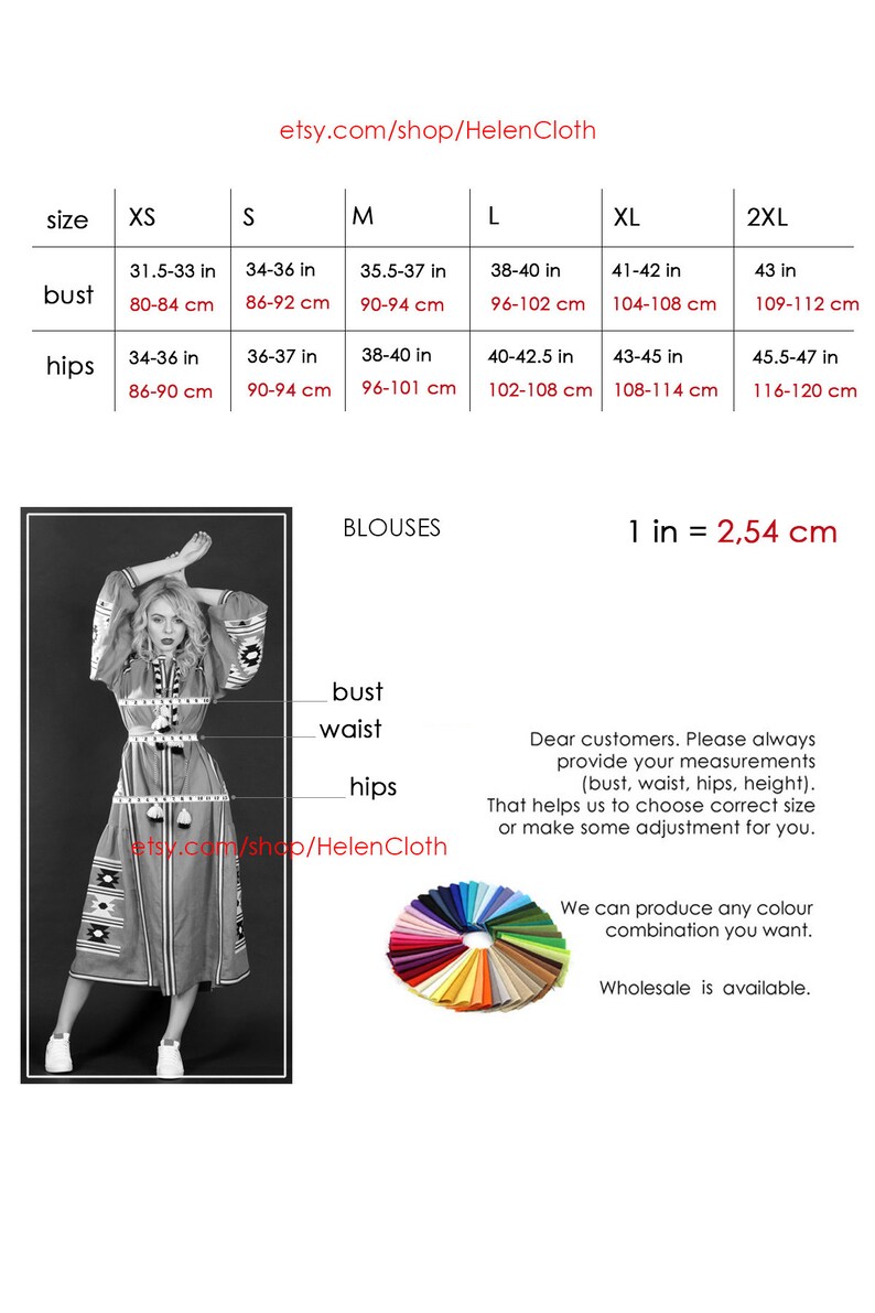 May include: Size chart for blouses with measurements in inches and centimeters for bust and hips. The chart includes sizes XS, S, M, L, XL, and 2XL. The text "1 in = 2.54 cm" is also included.