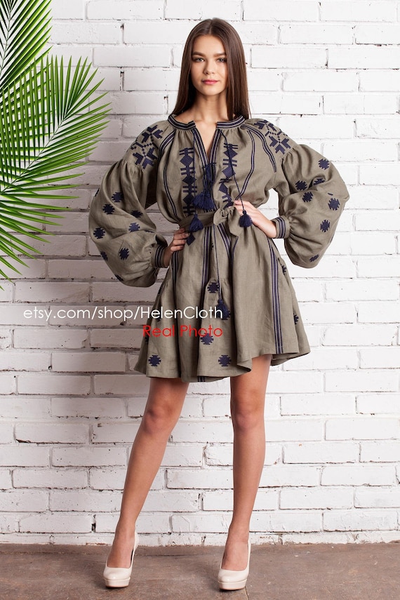 olive green embroidered dress