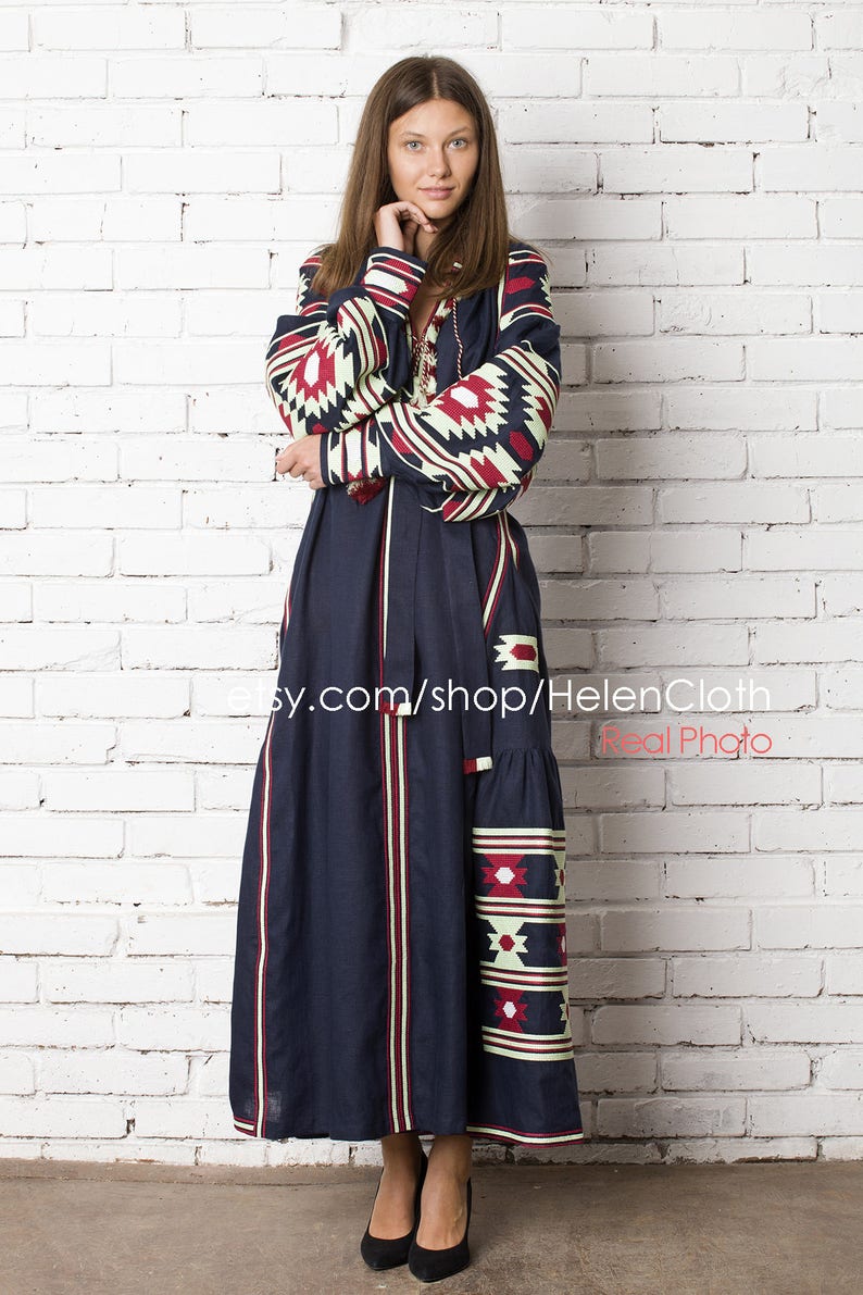 Vyshyvanka ukrainian embroidered maxi mexican bohemian linen dress, Blue Navy Embroidery Kaftan Abaya Ukrainian Style Bohemian rty image 5
