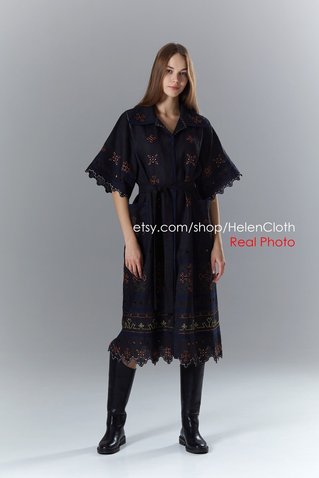 Black Linen Robe Vyshyvanka, Made in Ukraine Etsy