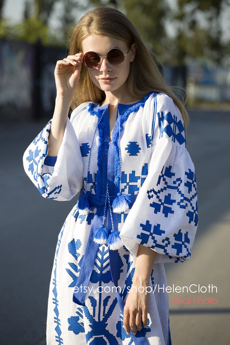 White Linen Embroidered Dress Vyshyvanka Boho Style Emboider Etsy