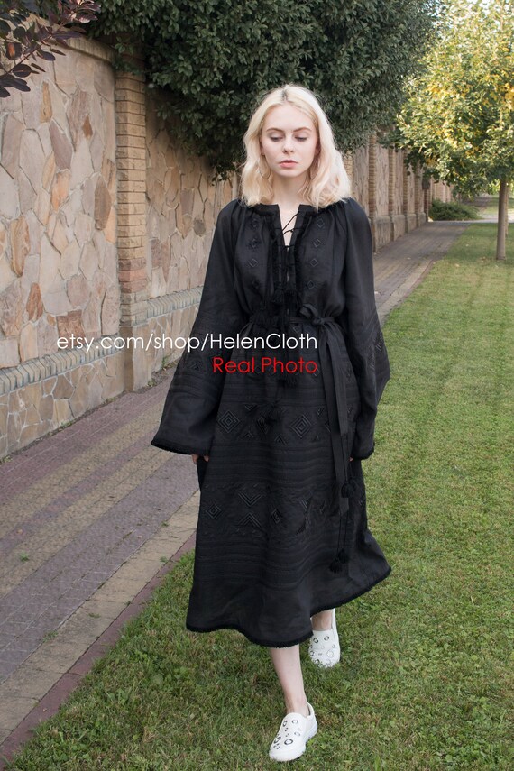 Natural Black Linen Dress Loose Linen Dress Embroidered Dress Handmade Linen Dress Linen Casual Linen Dress Handmade Linen Dress Embroidered