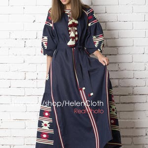 Vyshyvanka ukrainian embroidered maxi mexican bohemian linen dress, Blue Navy Embroidery Kaftan Abaya Ukrainian Style Bohemian rty image 6