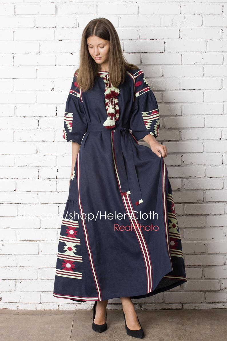 Vyshyvanka ukrainian embroidered maxi mexican bohemian linen dress, Blue Navy Embroidery Kaftan Abaya Ukrainian Style Bohemian rty image 6