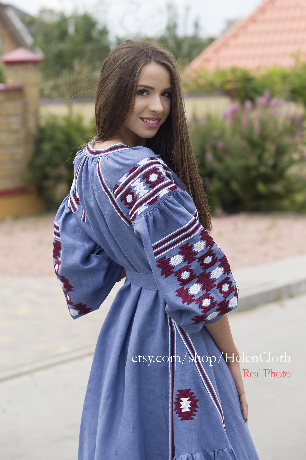 Vyshyvanka Blue Linen Embroidered Dress Ukrainian Vyshyvanka Dress 