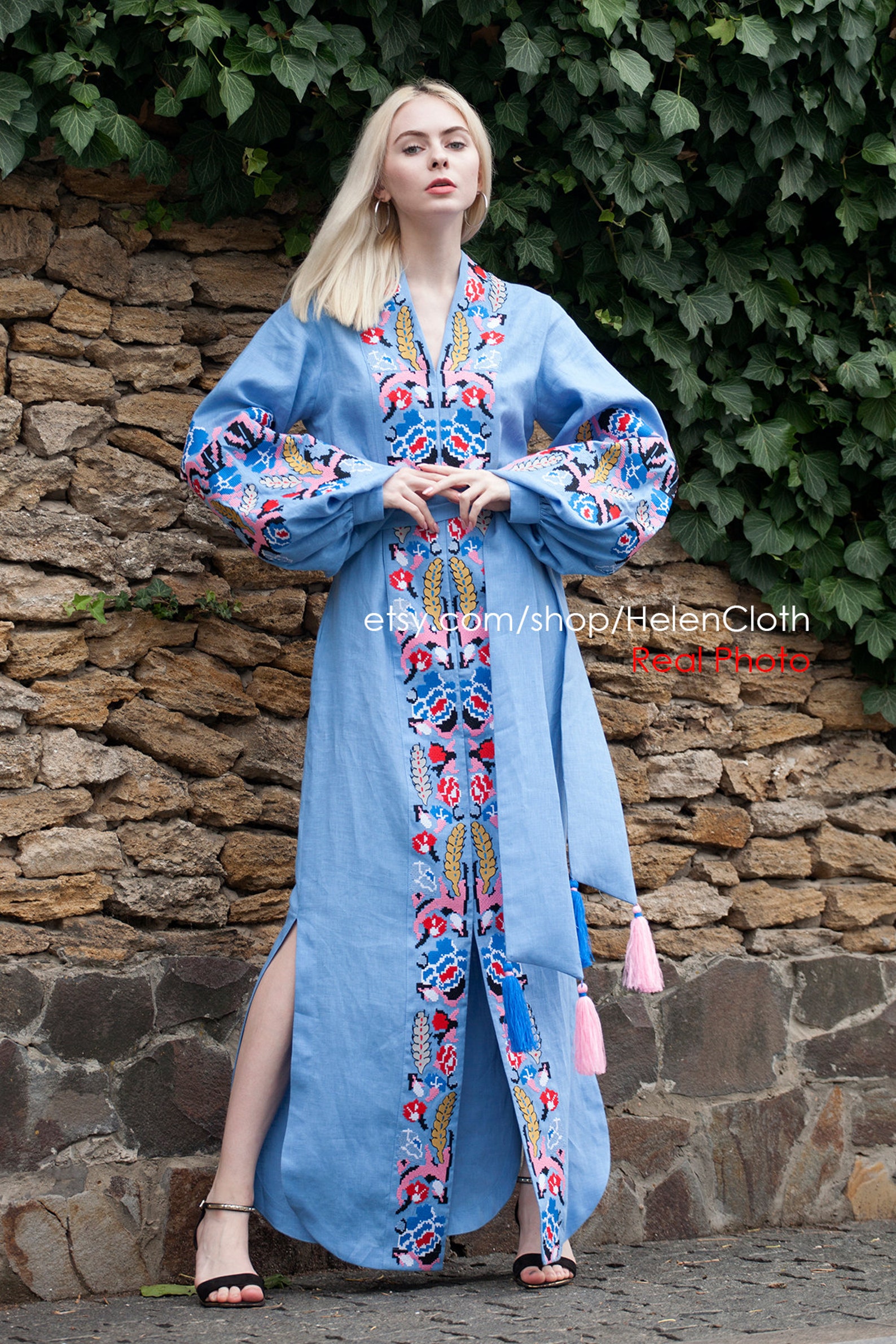 Light Blue Embroidered Kaftan Linen Maxi Dress Dubai Caftan Etsy