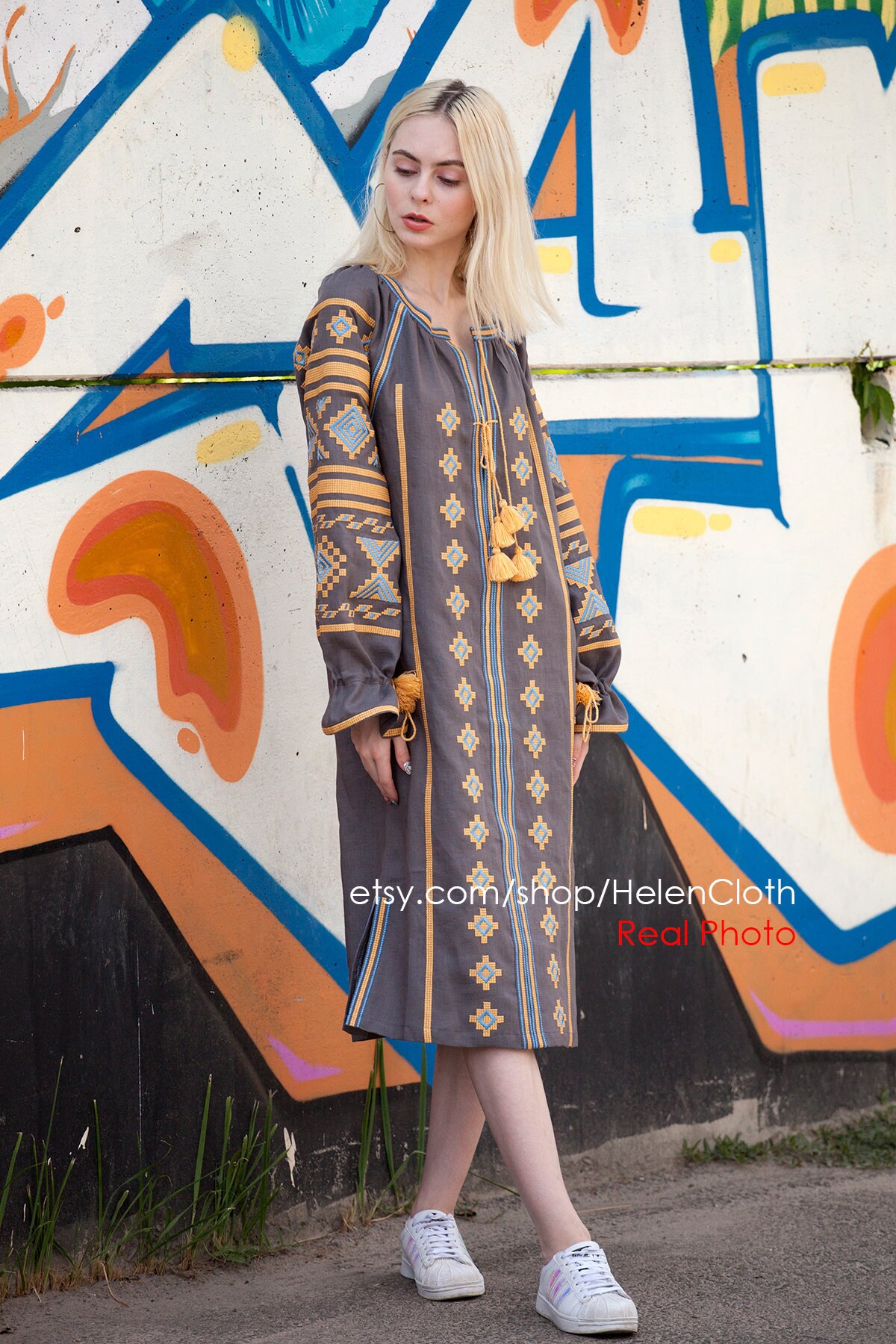 Grey Vyshyvanka Tunic Bohemian Style. Mexican Summer Beach Dress, Ukraine Vyshyvanka. Boho Embroidered Mexico Sarafan, Custom